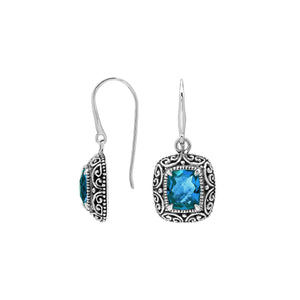 Sterling Silver Cushion London Blue Topaz Quartz Earrings With Ornate Scroll Frame Handcrafted In Bali