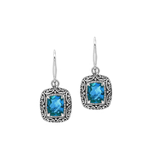 Sterling Silver Cushion London Blue Topaz Quartz Earrings With Ornate Scroll Frame Handcrafted In Bali