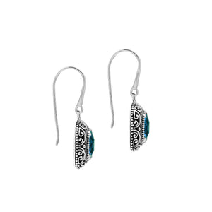 Sterling Silver Cushion London Blue Topaz Quartz Earrings With Ornate Scroll Frame Handcrafted In Bali