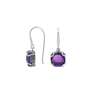 Sterling Silver Round Amethyst Quartz Earrings With Sculpted Scroll Prongs Handcrafted In Bali