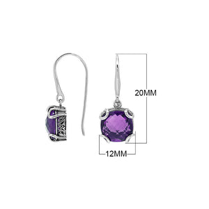 Sterling Silver Round Amethyst Quartz Earrings With Sculpted Scroll Prongs Handcrafted In Bali