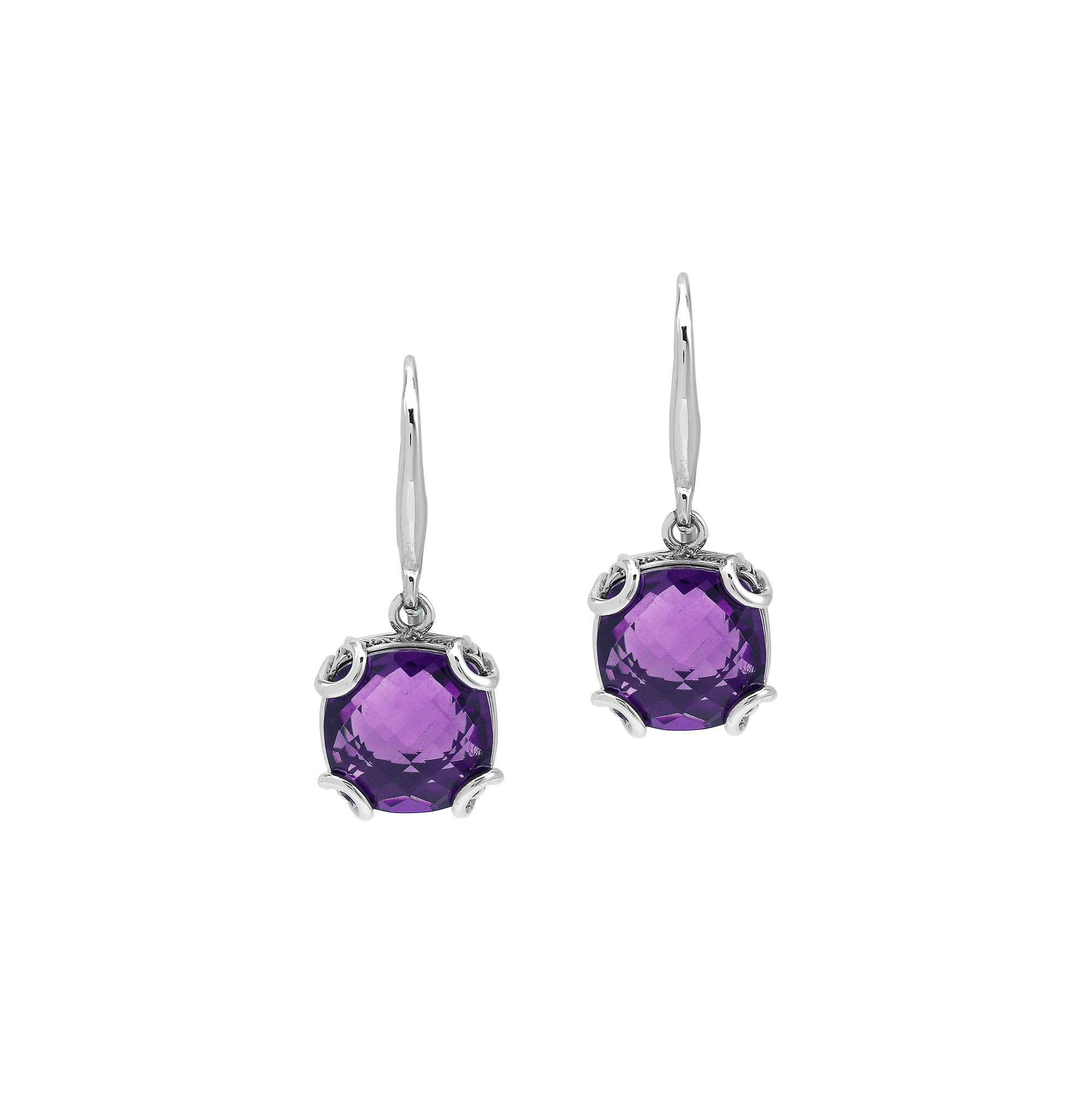 Sterling Silver Round Amethyst Quartz Earrings With Sculpted Scroll Prongs Handcrafted In Bali