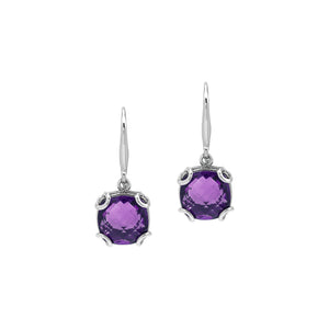 Sterling Silver Round Amethyst Quartz Earrings With Sculpted Scroll Prongs Handcrafted In Bali