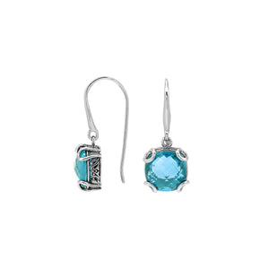 Sterling Silver Round Blue Topaz Quartz Earrings With Sculpted Scroll Prongs Handcrafted In Bali