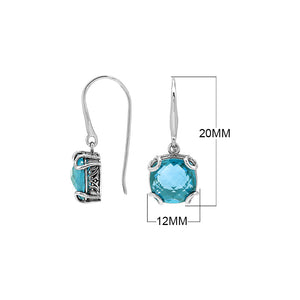 Sterling Silver Round Blue Topaz Quartz Earrings With Sculpted Scroll Prongs Handcrafted In Bali