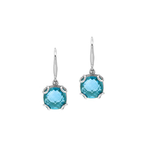 Sterling Silver Round Blue Topaz Quartz Earrings With Sculpted Scroll Prongs Handcrafted In Bali