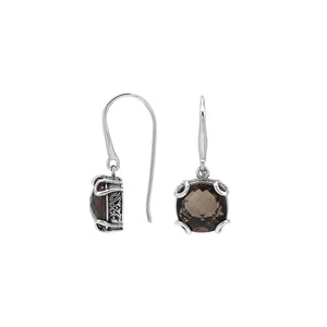 Sterling Silver Round Smokey Quartz Earrings With Sculpted Scroll Prongs Handcrafted In Bali
