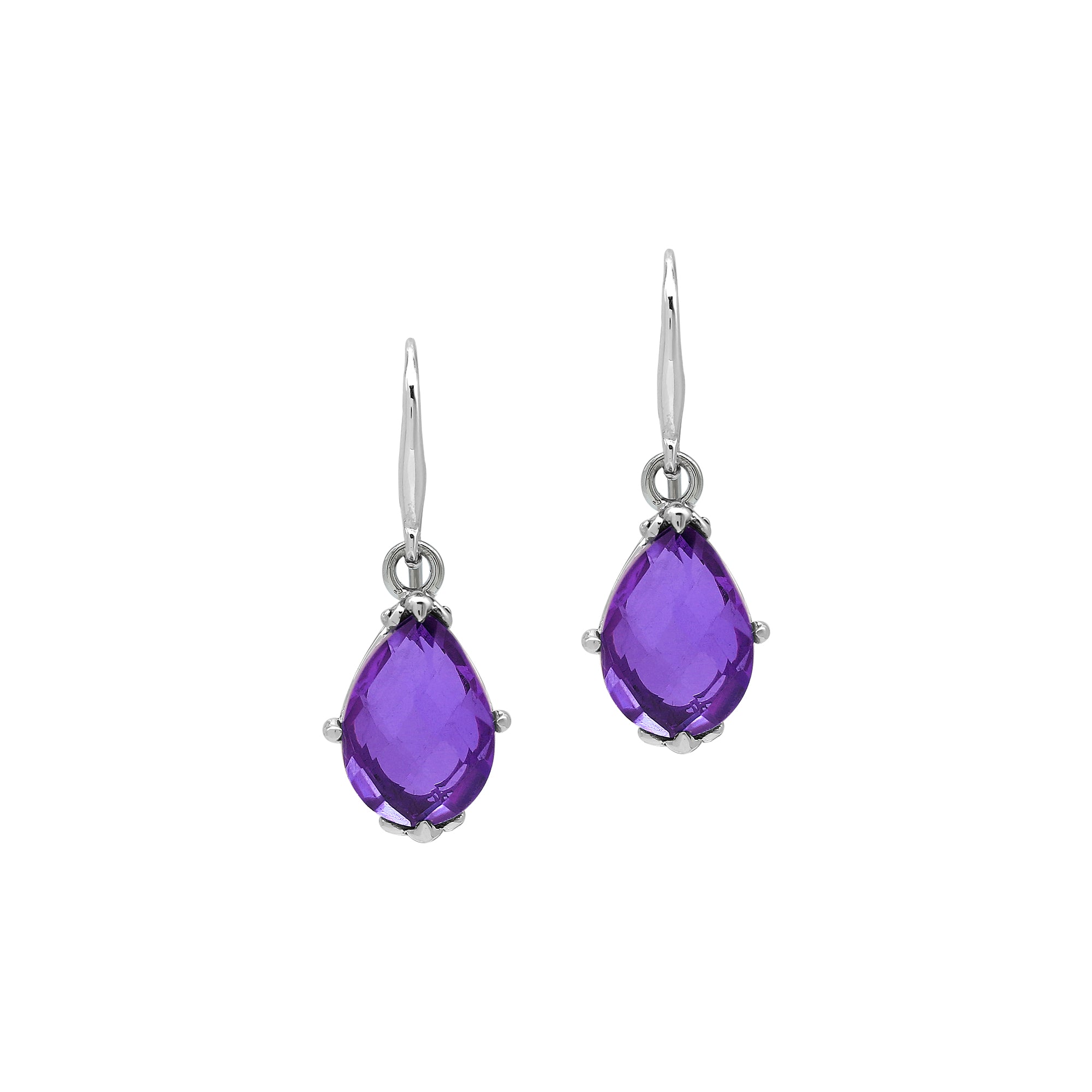 Wholesale Sterling Silver Amethyst Quartz Teardrop Earrings With Detailed Balinese-Style Metalwork.