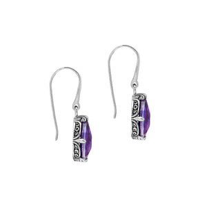 Wholesale Sterling Silver Amethyst Quartz Teardrop Earrings With Detailed Balinese-Style Metalwork.
