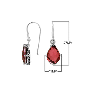 Wholesale Sterling Silver Garnet Quartz Teardrop Earrings With Detailed Balinese-Style Metalwork.