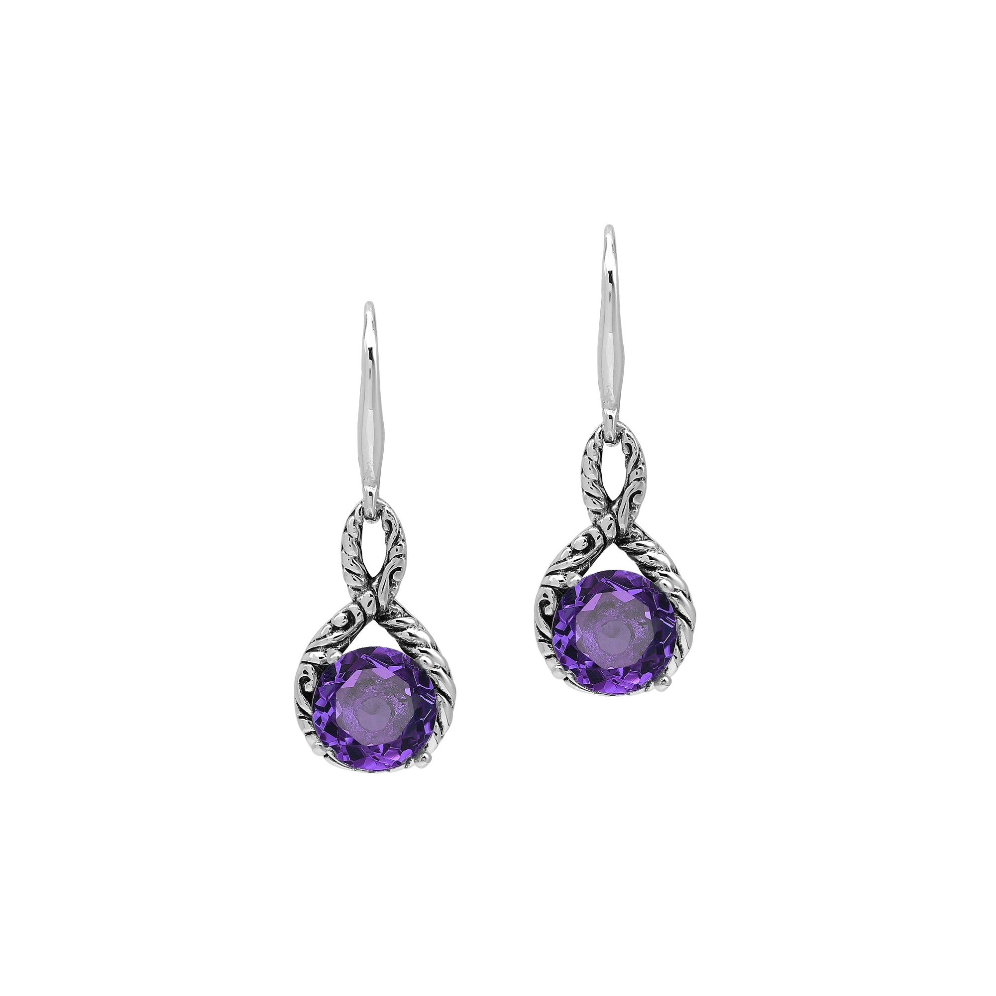Wholesale Sterling Silver Amethyst Quartz Round Infinity Earrings With Detailed Balinese-Style Metalwork.