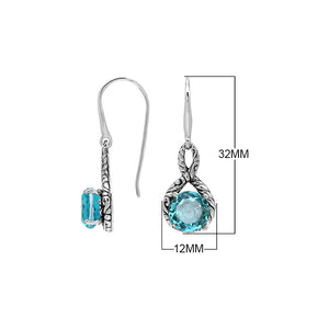 Wholesale Sterling Silver Blue Topaz Quartz Round Infinity Earrings With Detailed Balinese-Style Metalwork.