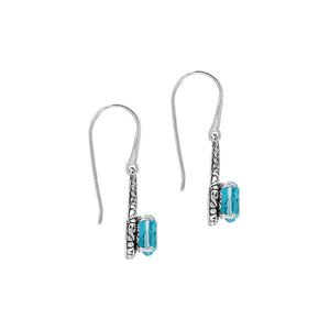 Wholesale Sterling Silver Blue Topaz Quartz Round Infinity Earrings With Detailed Balinese-Style Metalwork.