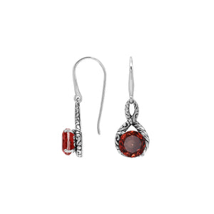 Wholesale Sterling Silver Garnet Quartz Round Infinity Earrings With Detailed Balinese-Style Metalwork.