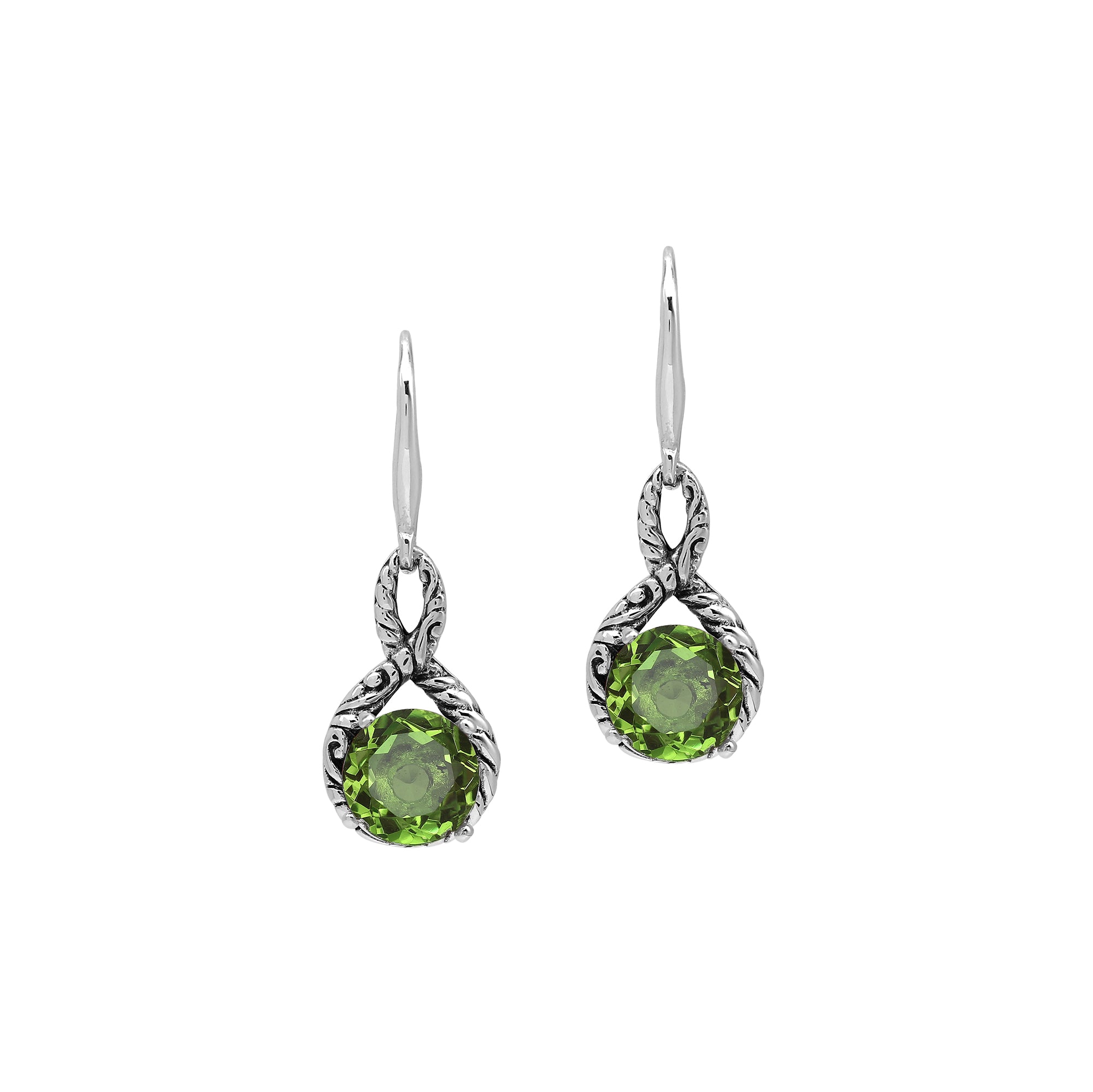 Wholesale Sterling Silver Peridot Quartz Round Infinity Earrings With Detailed Balinese-Style Metalwork.
