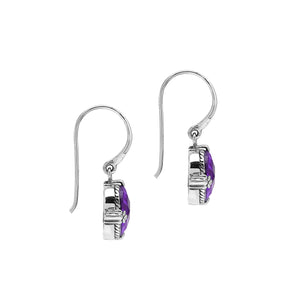 Wholesale Sterling Silver Amethyst Quartz Oval Rope-Frame Earrings With Detailed Balinese-Style Metalwork.
