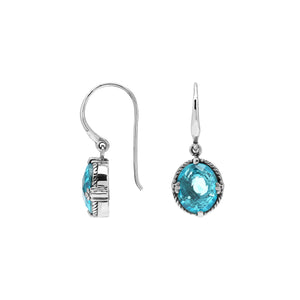 Wholesale Sterling Silver Blue Topaz Quartz Oval Rope-Frame Earrings With Detailed Balinese-Style Metalwork.