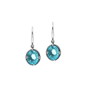 Wholesale Sterling Silver Blue Topaz Quartz Oval Rope-Frame Earrings With Detailed Balinese-Style Metalwork.
