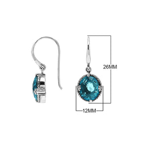 Wholesale Sterling Silver London Blue Topaz Quartz Oval Rope-Frame Earrings With Detailed Balinese-Style Metalwork.