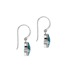 Wholesale Sterling Silver London Blue Topaz Quartz Oval Rope-Frame Earrings With Detailed Balinese-Style Metalwork.
