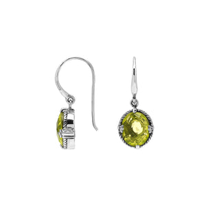 Wholesale Sterling Silver Lemon Quartz Oval Rope-Frame Earrings With Detailed Balinese-Style Metalwork.