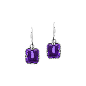 Wholesale Rectangular Sterling Silver Earrings With Amethyst Quartz And Engraved Oxidized Balinese Detailing