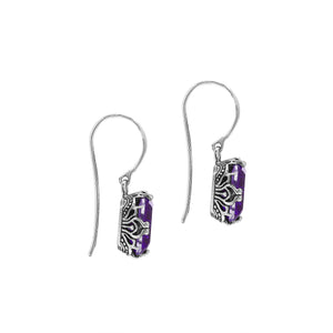 Wholesale Rectangular Sterling Silver Earrings With Amethyst Quartz And Engraved Oxidized Balinese Detailing