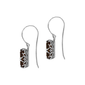 Sterling silver Smokey Quartz emerald cut drop earrings with handcrafted Balinese silver detailing