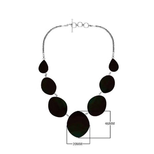 Sterling silver necklace with oval and teardrop black shell links, polished artisan finish.