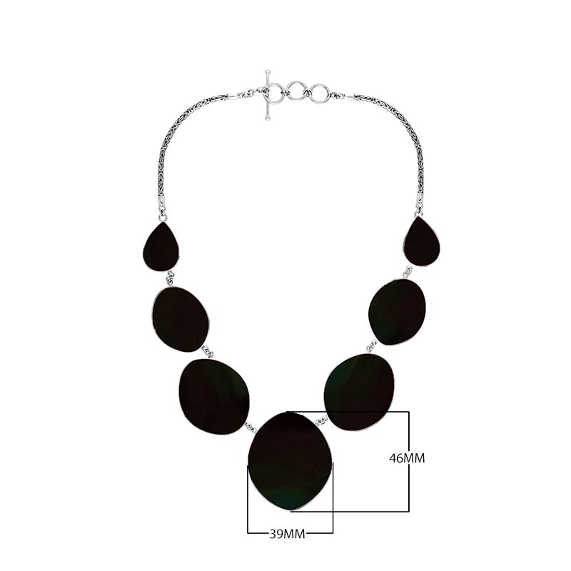 Sterling silver necklace with oval and teardrop black shell links, polished artisan finish.