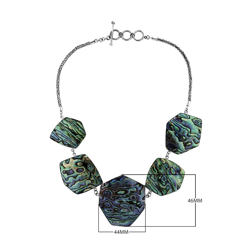 Sterling silver necklace with hexagon abalone shell links, polished ocean-inspired artisan finish.