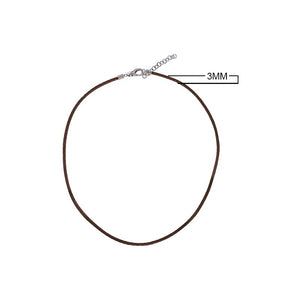 Brown leather cord necklace with sterling silver end caps and adjustable clasp.