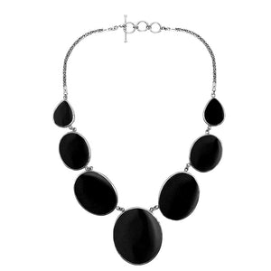 Wholesale black shell necklace in 925 sterling silver with oval and teardrop shell panels, handcrafted in Bali