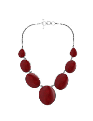 Wholesale red coral necklace in 925 sterling silver with oval and teardrop coral panels, handcrafted in Bali