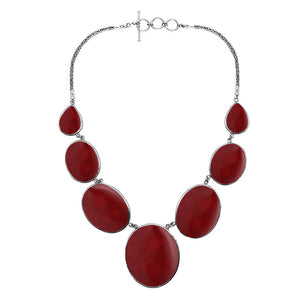 Wholesale red coral necklace in 925 sterling silver with oval and teardrop coral panels, handcrafted in Bali