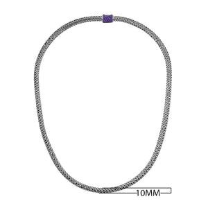Wholesale sterling silver woven chain necklace with amethyst quartz accent, handcrafted in Bali
