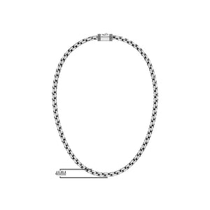 Sterling silver round box link chain necklace featuring uniform geometric links, oxidized detailing, polished surfaces, and a decorative push clasp handcrafted in Bali.