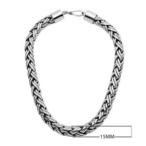 Wholesale 15MM sterling silver woven chain with hook clasp, handcrafted Balinese design.