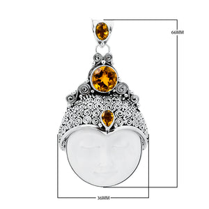 Wholesale sterling silver pendant with hand-carved white shell moon face and faceted Citrine Quartz, Bali scrollwork artisan jewelry for bulk orders.