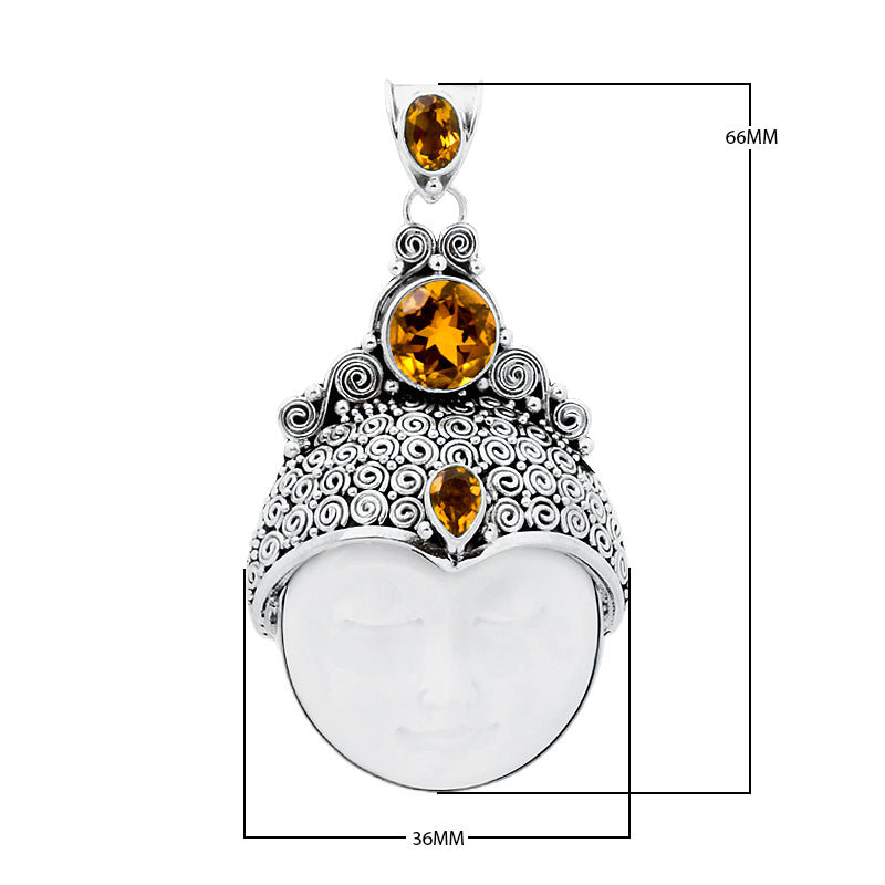 Wholesale sterling silver pendant with hand-carved white shell moon face and faceted Citrine Quartz, Bali scrollwork artisan jewelry for bulk orders.