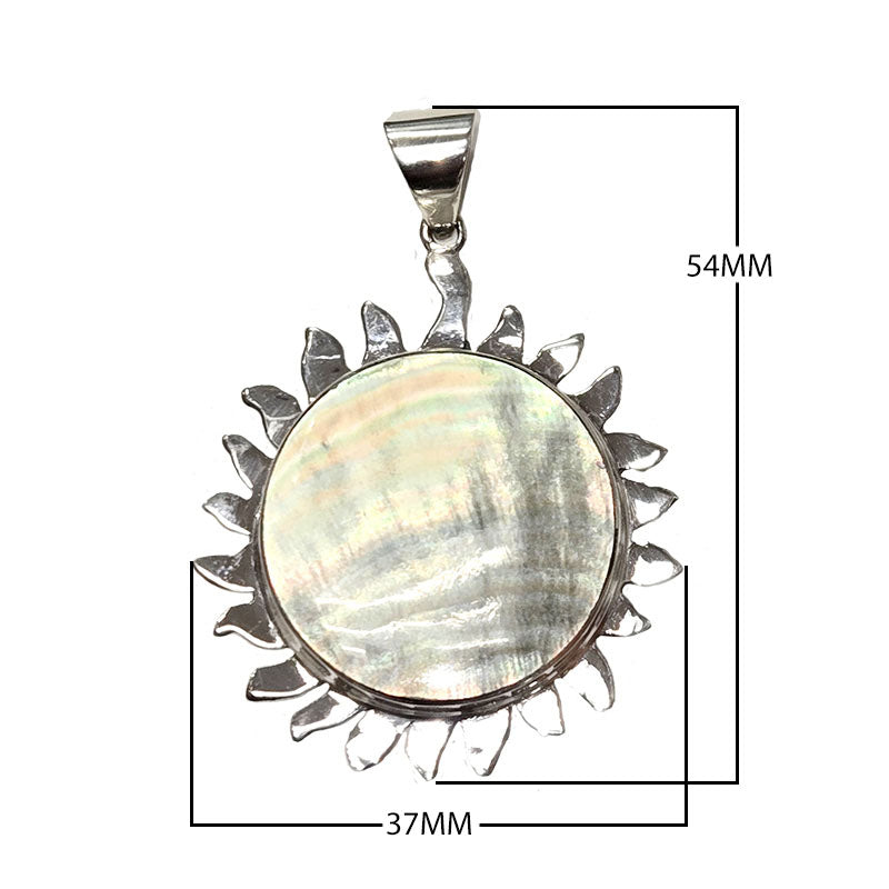 Wholesale sterling silver sunburst pendant with round Jeping Shell, handcrafted in Bali artisan style.