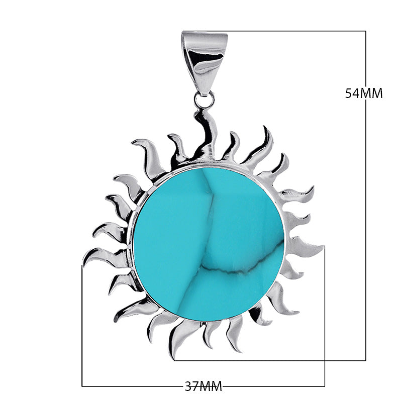 Sterling silver sun pendant with round Turquoise Shell, handcrafted Bali jewelry available for wholesale purchase.
