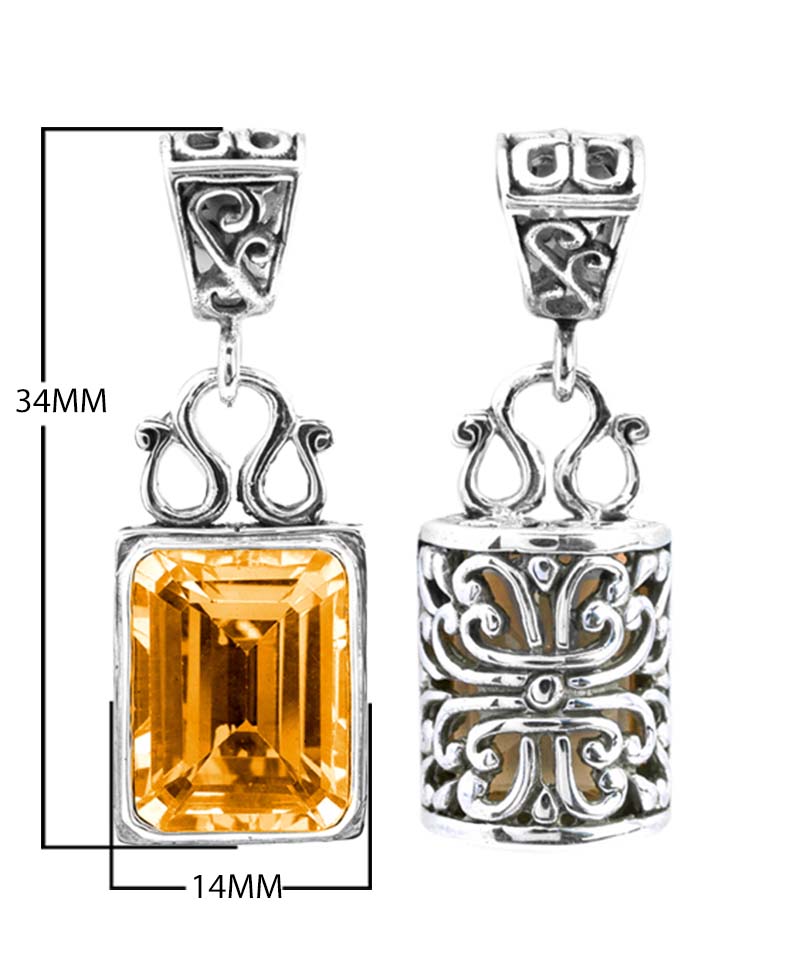Wholesale sterling silver rectangular Citrine pendant with faceted gemstone, handcrafted Bali silverwork and oxidized detailing, artisan jewelry for bulk orders.