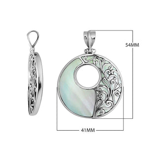 Wholesale sterling silver round Mother of Pearl pendant with iridescent inlay, cut-out design, and Bali-inspired vine silverwork with oxidized detailing, handcrafted artisan jewelry for bulk orders.