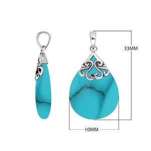Wholesale sterling silver teardrop pendant with Turquoise Shell, handcrafted Bali scroll design 925 silver jewelry for bulk orders