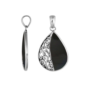 Wholesale sterling silver teardrop pendant with Black Shell, handcrafted Bali filigree 925 silver jewelry for bulk orders