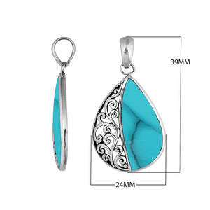 Wholesale sterling silver teardrop pendant with natural Turquoise shell, handcrafted Bali filigree 925 silver jewelry for bulk orders