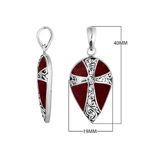 Wholesale sterling silver teardrop cross pendant with red coral inlay, handcrafted Bali 925 silver jewelry for bulk buyers
