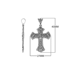 Wholesale sterling silver ornate cross pendant with intricate scrollwork and oxidized finish, handcrafted Bali artisan jewelry for bulk buyers.