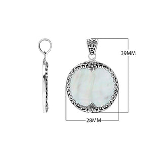 Sterling silver wholesale pendant with round mother of pearl gemstone, floral border design, handcrafted Bali jewelry